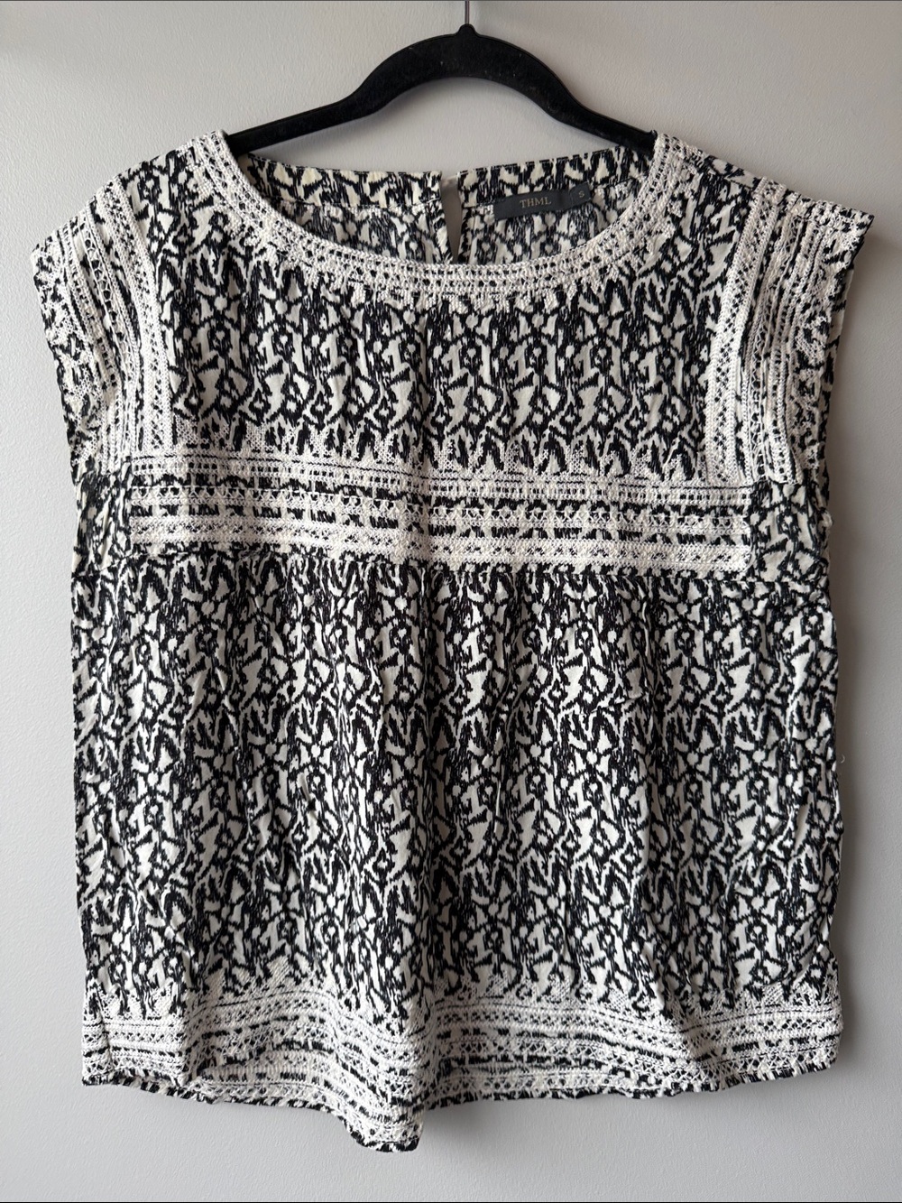 THML Black and cream embroidery Patterned Cap Sleeve Blouse small